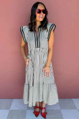 Plus Size Black Stripe  Slit V Neck Tiered Flutter Sleeve Maxi Dress