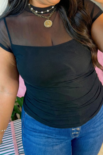 Plus Size Black  Sheer Mesh Panel Short Sleeve Top