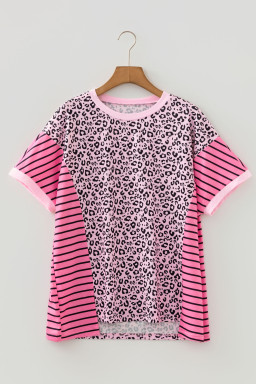 Plus Size Pink Leopard Striped Contrast Patchwork  Tee
