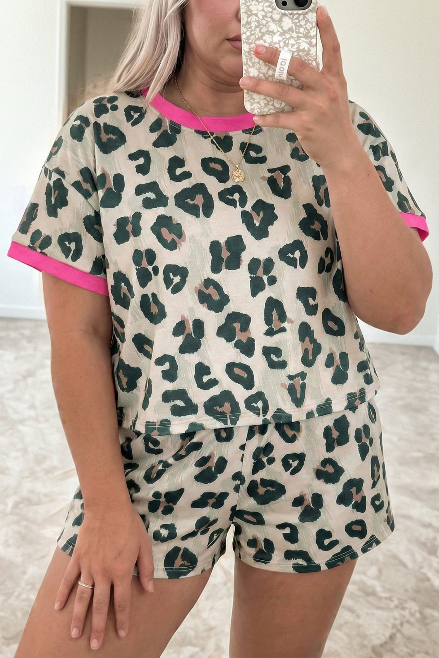 Plus Size Brown  Leopard Color Block Trim Short 2pcs Set
