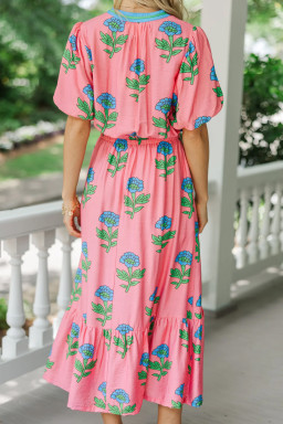 Plus Size Pink  Striped V Neck Ruffled Floral Long Dress