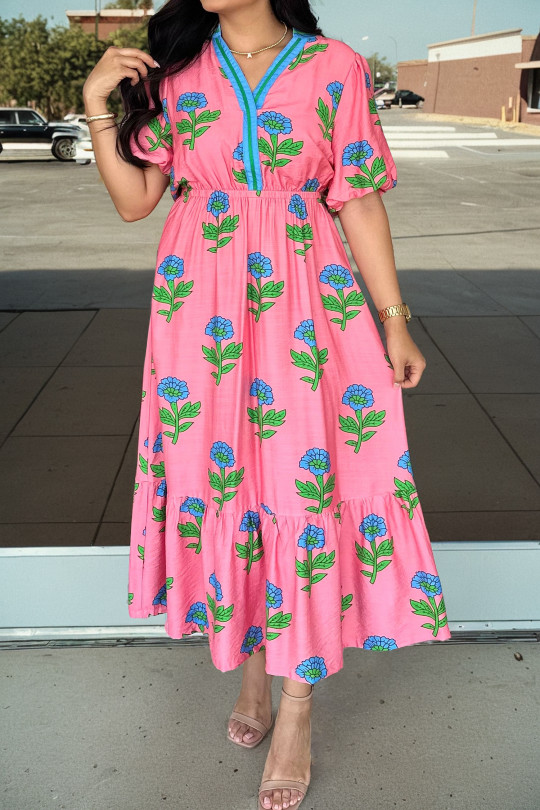 Plus Size Pink  Striped V Neck Ruffled Floral Long Dress