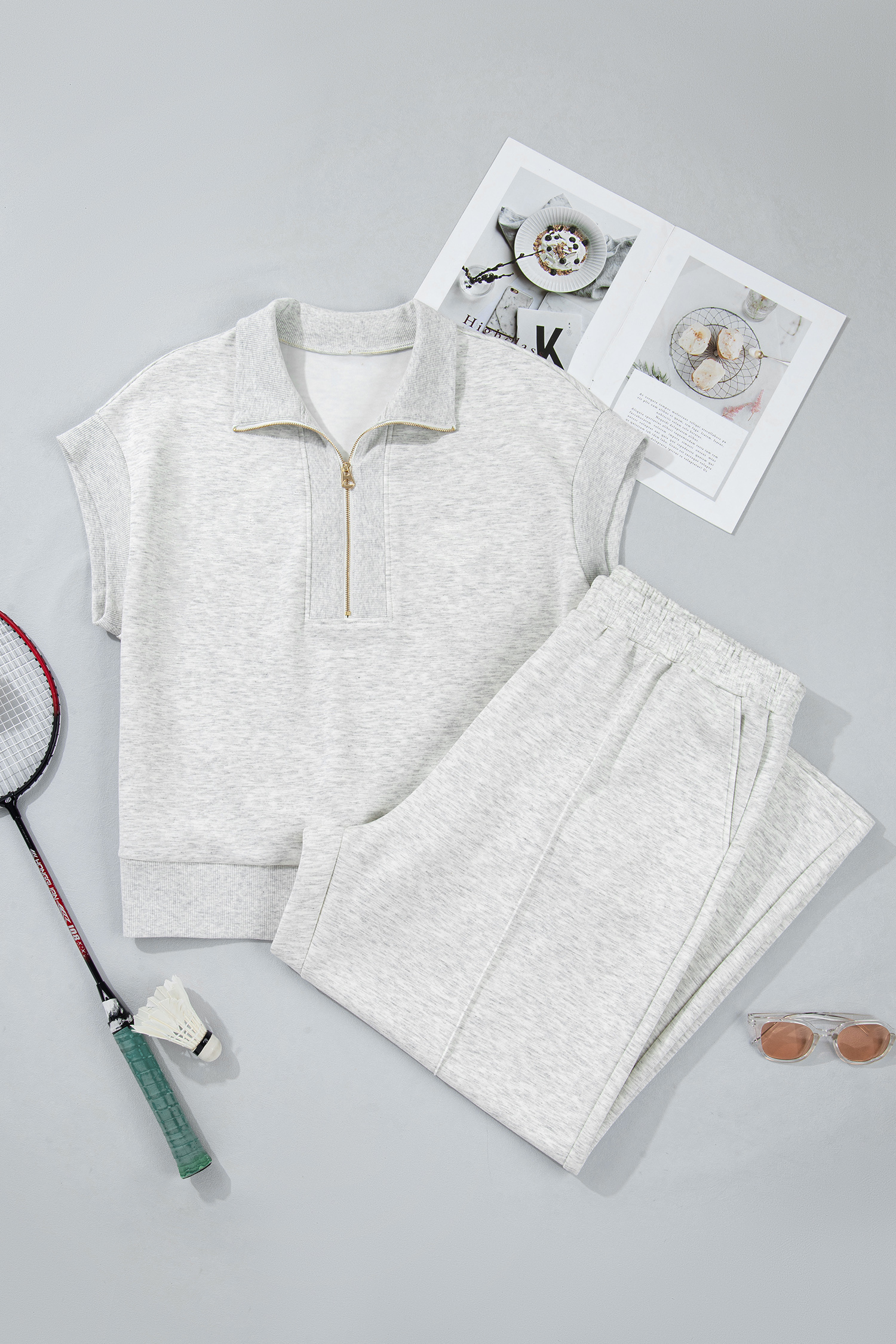 Plus Size Light Grey Half Zip Polo Tee Loose Pants  2pcs Outfit
