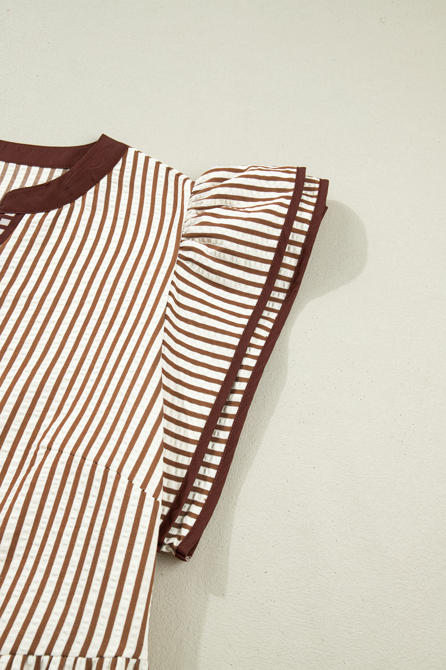 Plus Size Brown Stripe  Slit V Neck Tiered Flutter Sleeve Maxi Dress