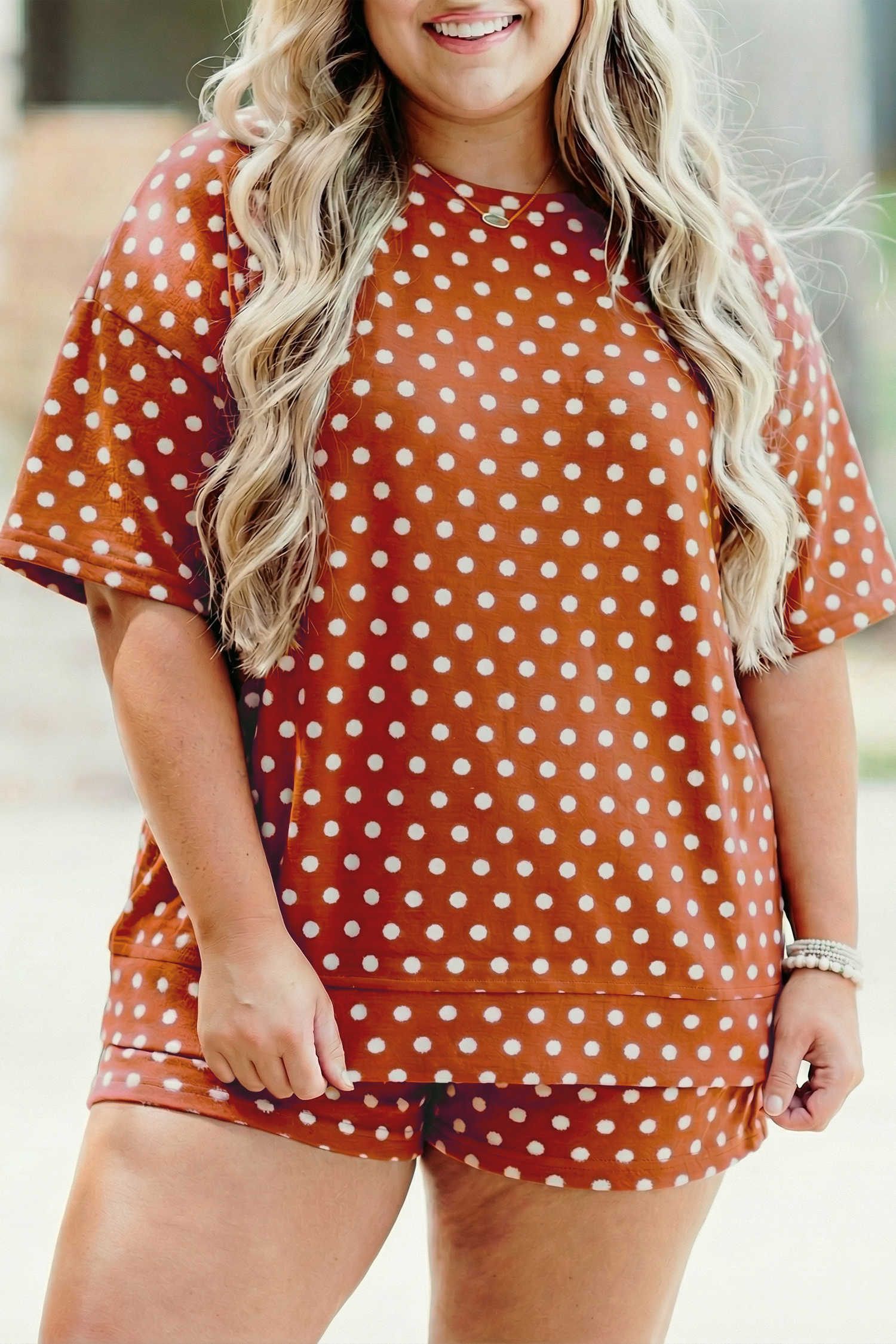 Plus Size Brown Polka Dot Print Dropped Shoulder Tee  Short Set