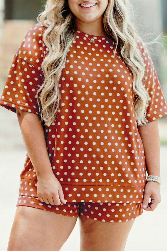 Plus Size Brown Polka Dot Print Dropped Shoulder Tee  Short Set