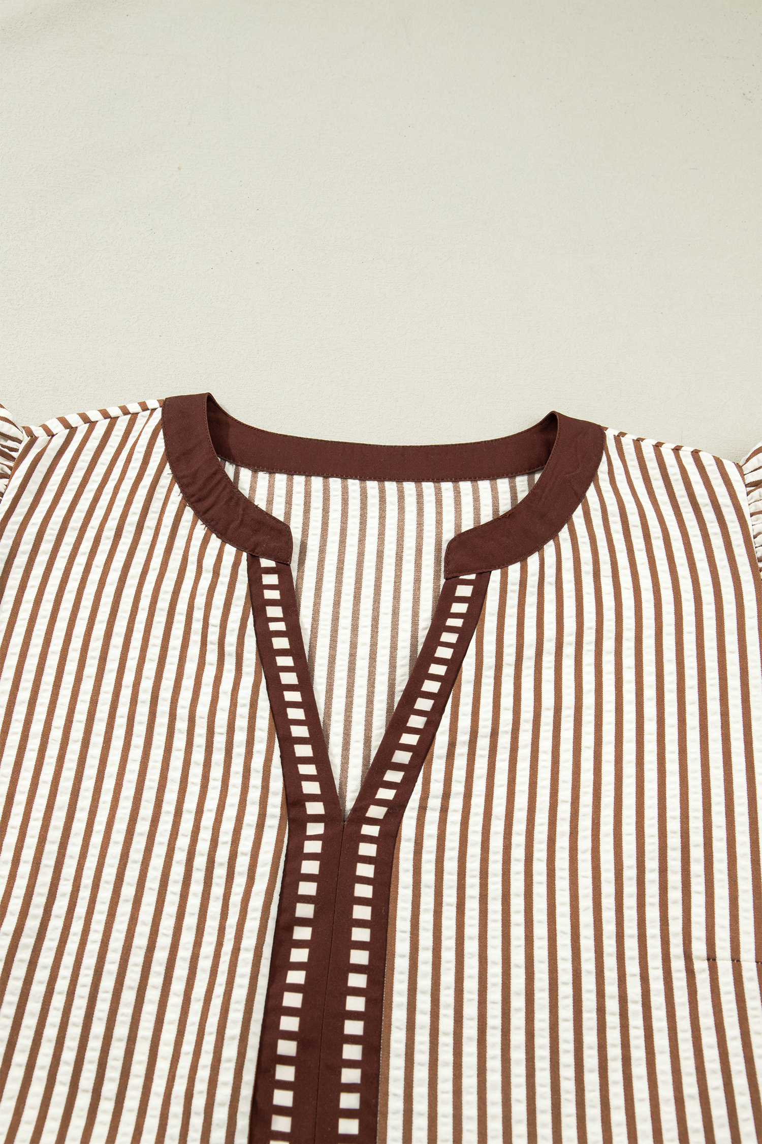 Plus Size Brown Stripe  Slit V Neck Tiered Flutter Sleeve Maxi Dress