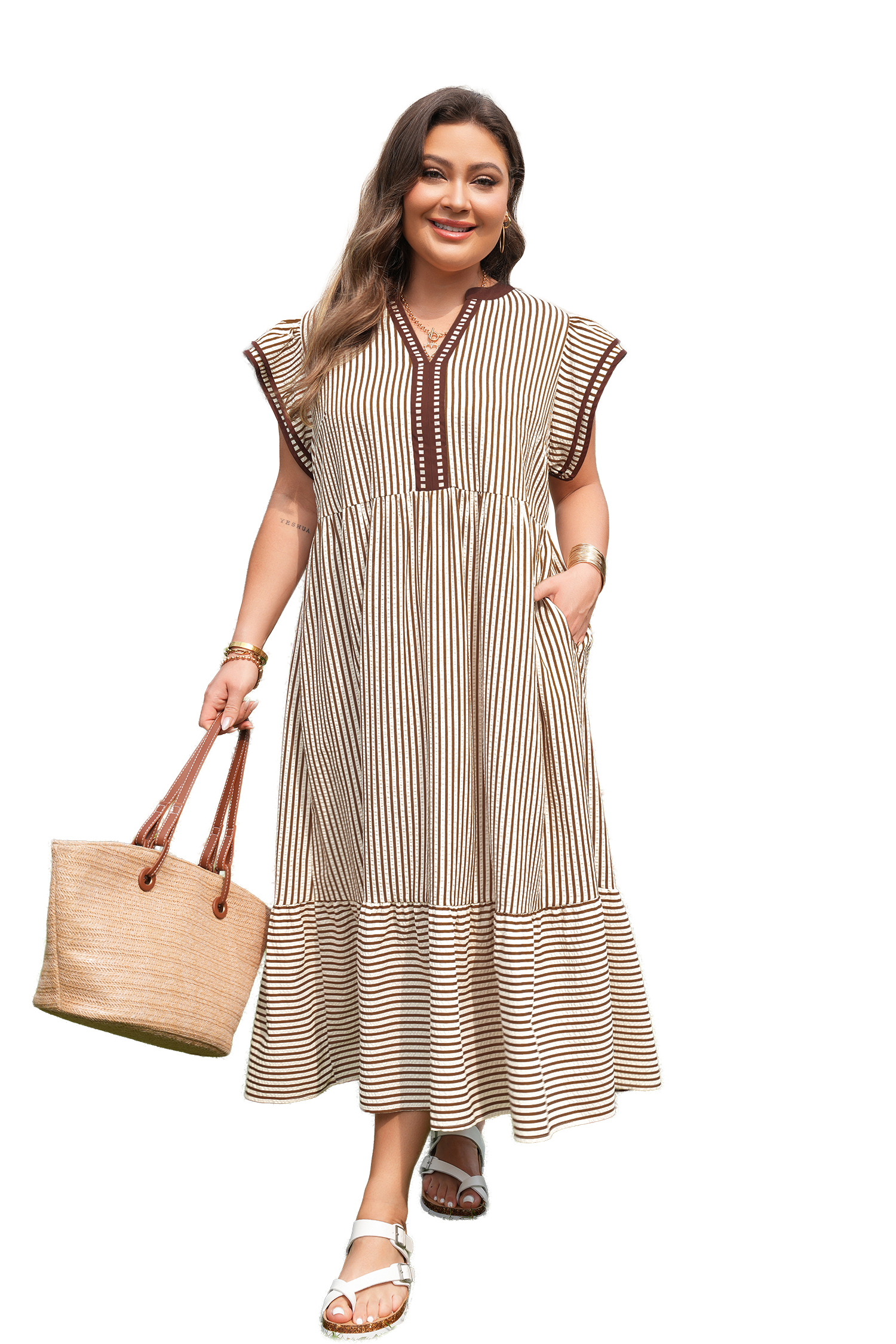 Plus Size Brown Stripe  Slit V Neck Tiered Flutter Sleeve Maxi Dress
