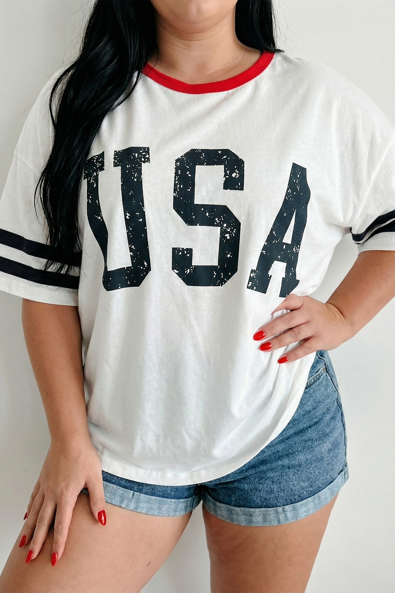 Plus Size White Retro USA Striped Trim Short Sleeve  Tee