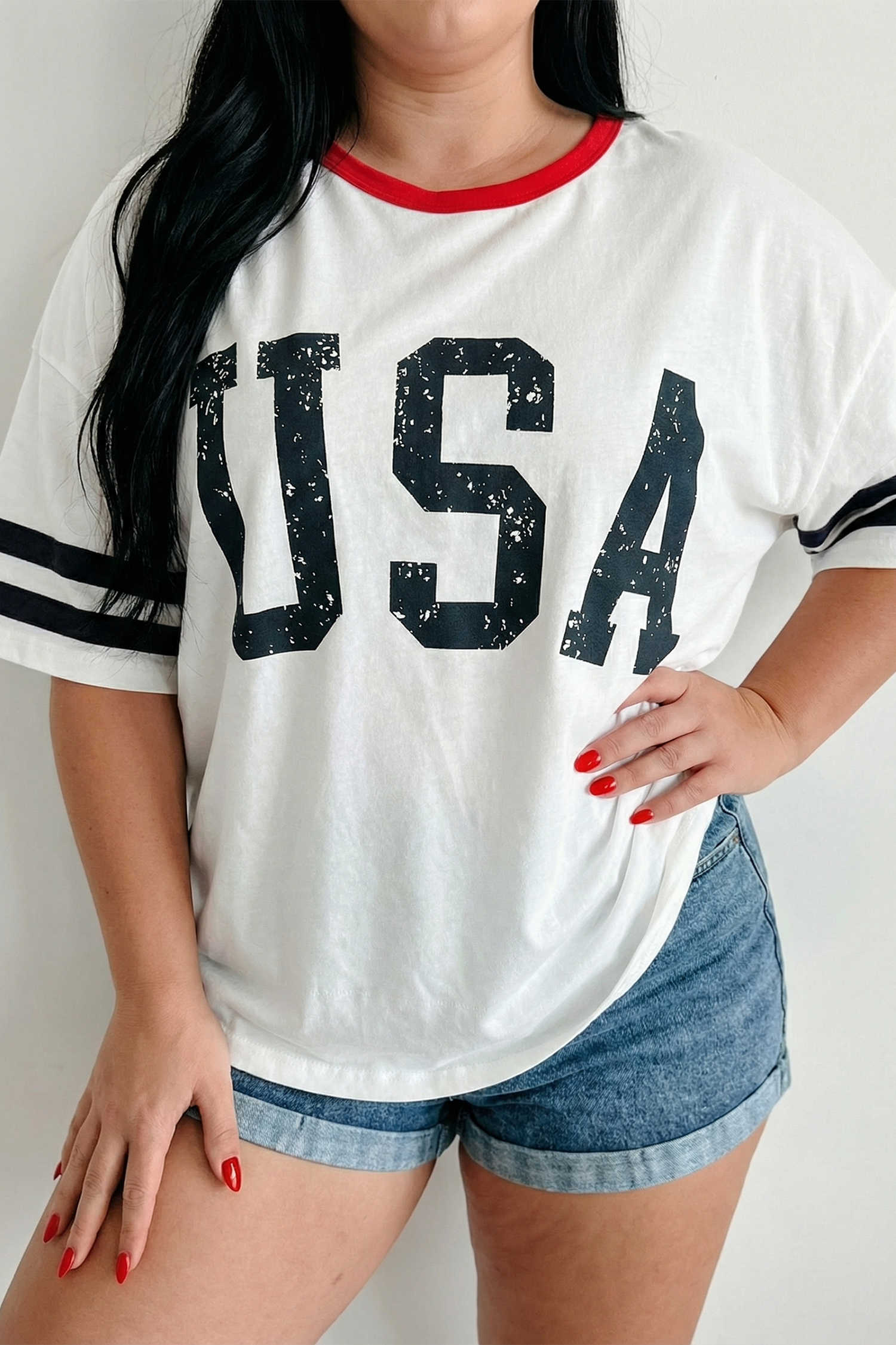 Plus Size White Retro USA Striped Trim Short Sleeve  Tee