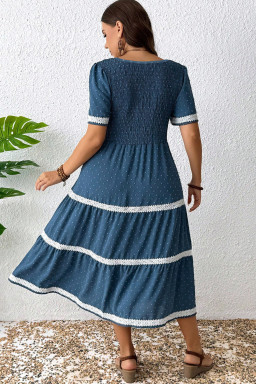 Plus Size Dusk Blue  V Neck Swiss Dot Lace Patchwork Detail Flared Midi Dress