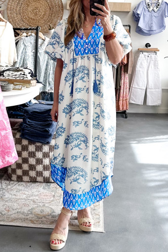 Plus Size Sky Blue   Floral Print Contrast Boho Patchwork V Neck Loose Midi Dress