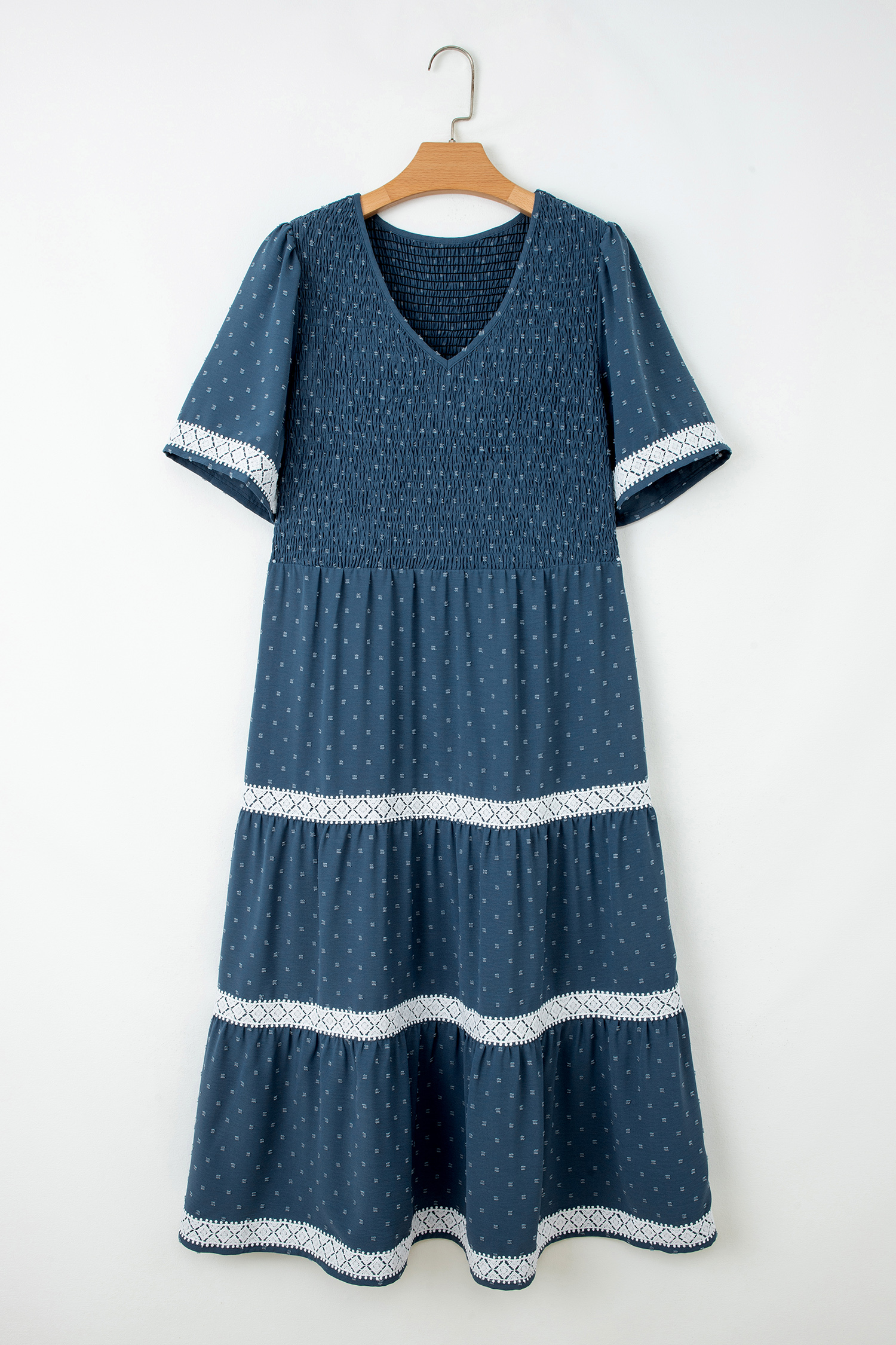 Plus Size Dusk Blue  V Neck Swiss Dot Lace Patchwork Detail Flared Midi Dress