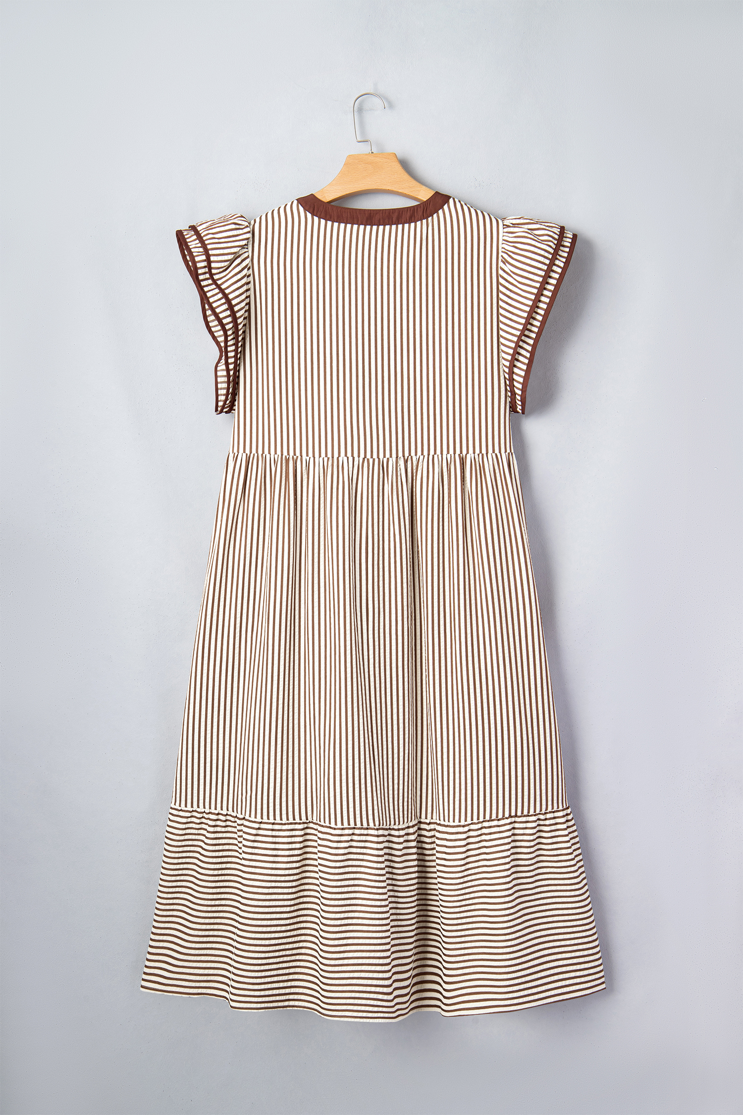 Plus Size Brown Stripe  Slit V Neck Tiered Flutter Sleeve Maxi Dress