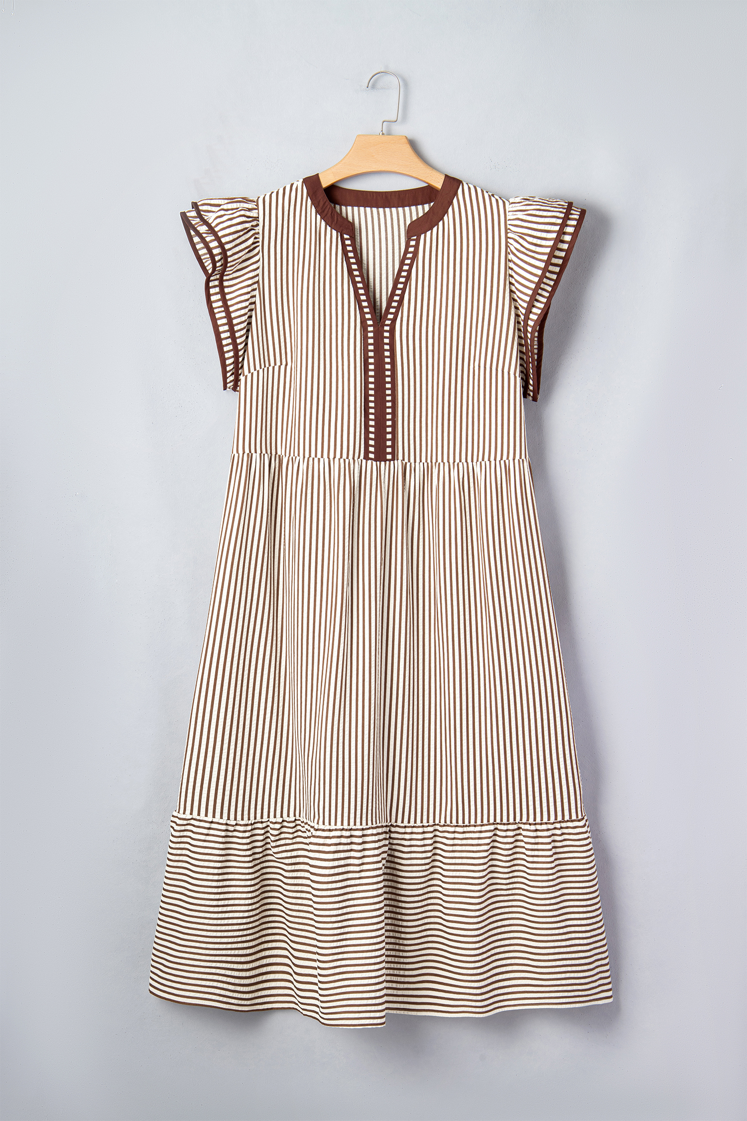 Plus Size Brown Stripe  Slit V Neck Tiered Flutter Sleeve Maxi Dress