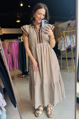 Plus Size Brown Stripe  Slit V Neck Tiered Flutter Sleeve Maxi Dress