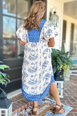 Plus Size Sky Blue   Floral Print Contrast Boho Patchwork V Neck Loose Midi Dress