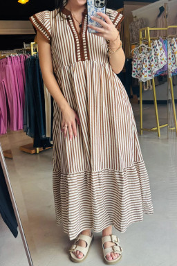 Plus Size Brown Stripe  Slit V Neck Tiered Flutter Sleeve Maxi Dress