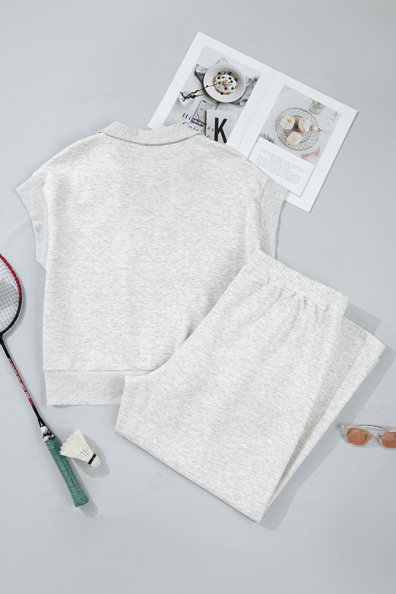 Plus Size Light Grey Half Zip Polo Tee Loose Pants  2pcs Outfit