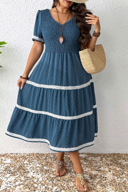 Plus Size Dusk Blue  V Neck Swiss Dot Lace Patchwork Detail Flared Midi Dress