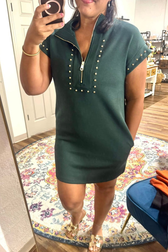 Plus Size Evergreen  Glow Studded Zip up T Shirt Dress with Pockets
