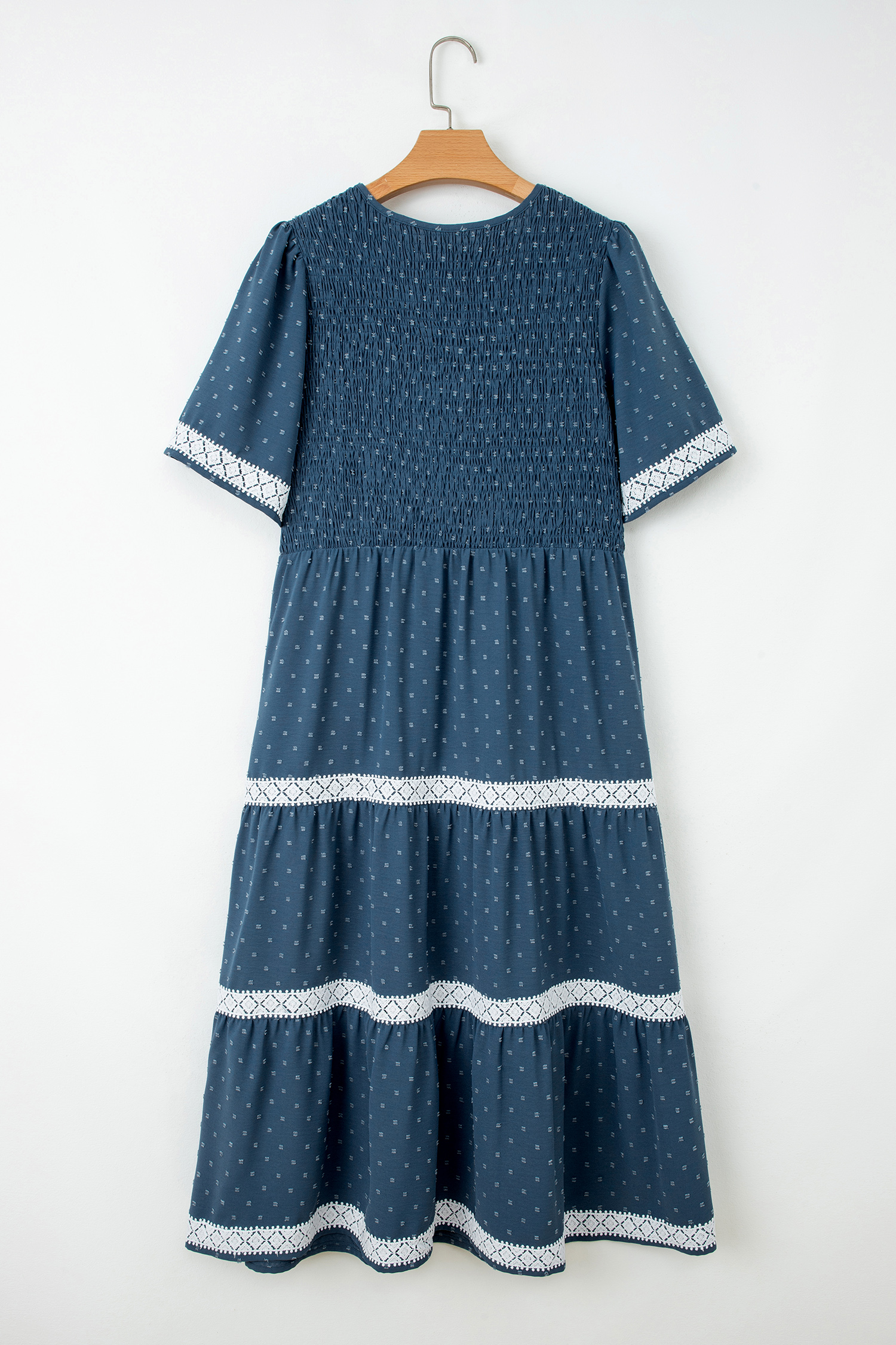 Plus Size Dusk Blue  V Neck Swiss Dot Lace Patchwork Detail Flared Midi Dress
