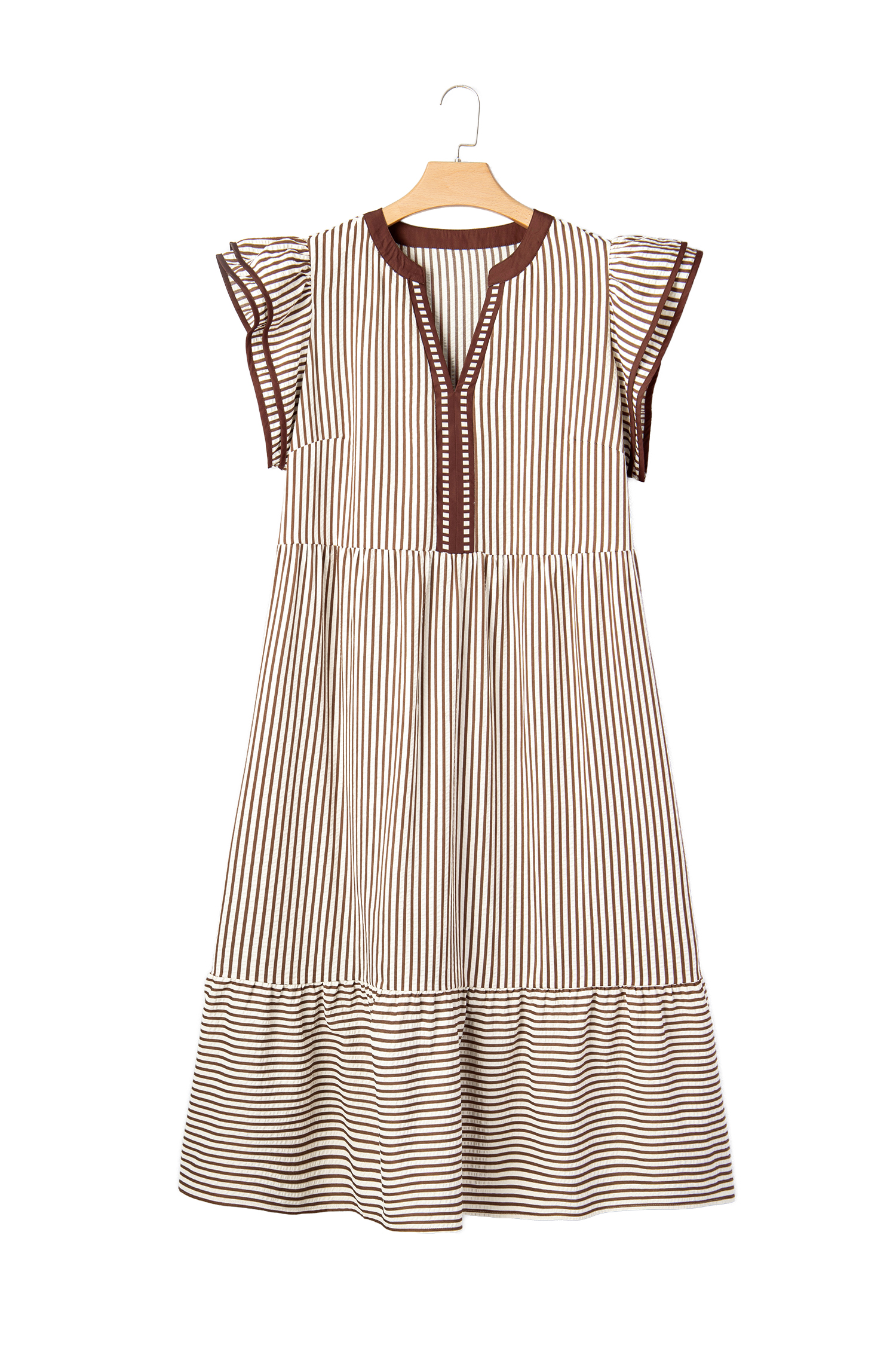 Plus Size Brown Stripe  Slit V Neck Tiered Flutter Sleeve Maxi Dress