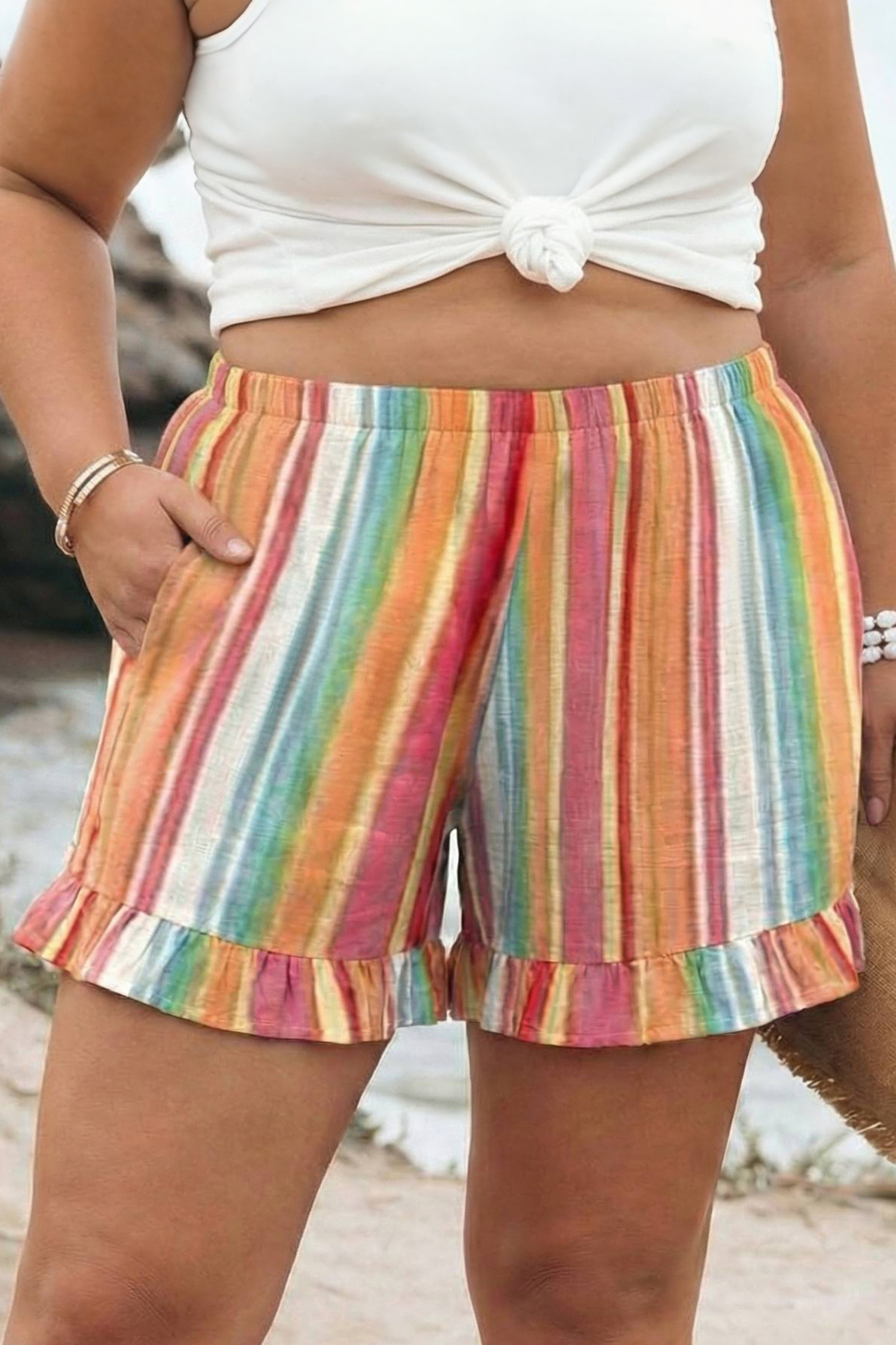 Plus Size Orange Stripe  Elastic Waist Ruffle Hem Shorts