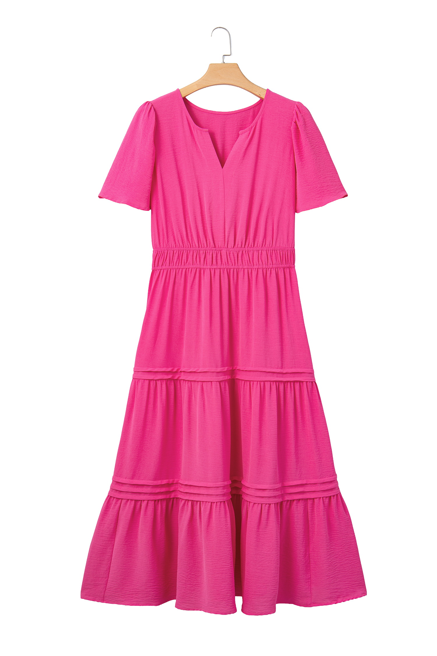 Plus Size Pink  Split Neck Short Sleeve Flare Tiered Maxi Dress