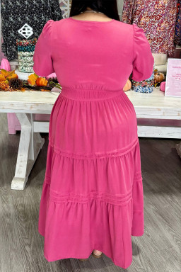 Plus Size Pink  Split Neck Short Sleeve Flare Tiered Maxi Dress