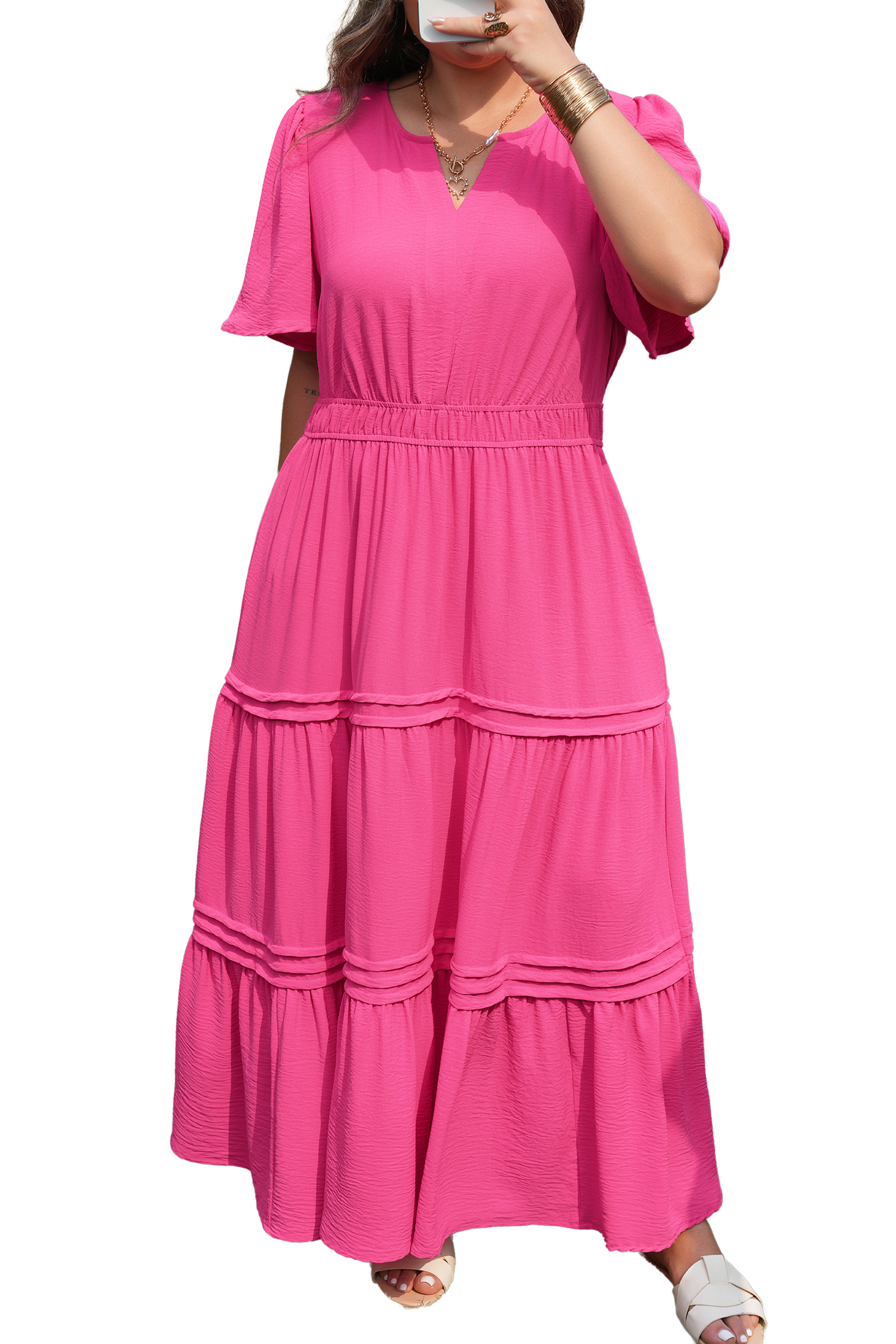 Plus Size Pink  Split Neck Short Sleeve Flare Tiered Maxi Dress