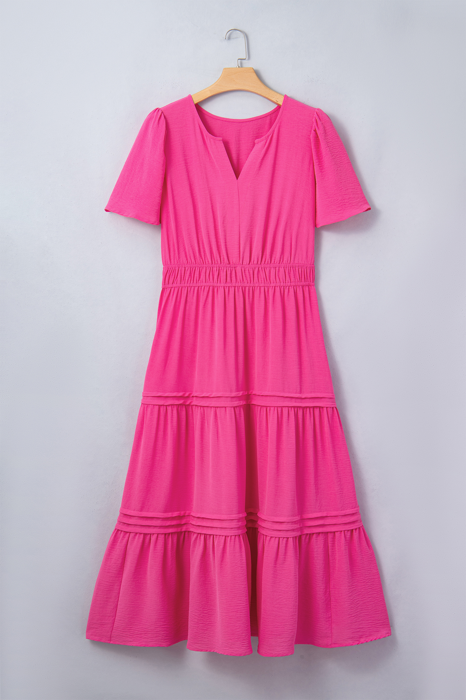 Plus Size Pink  Split Neck Short Sleeve Flare Tiered Maxi Dress