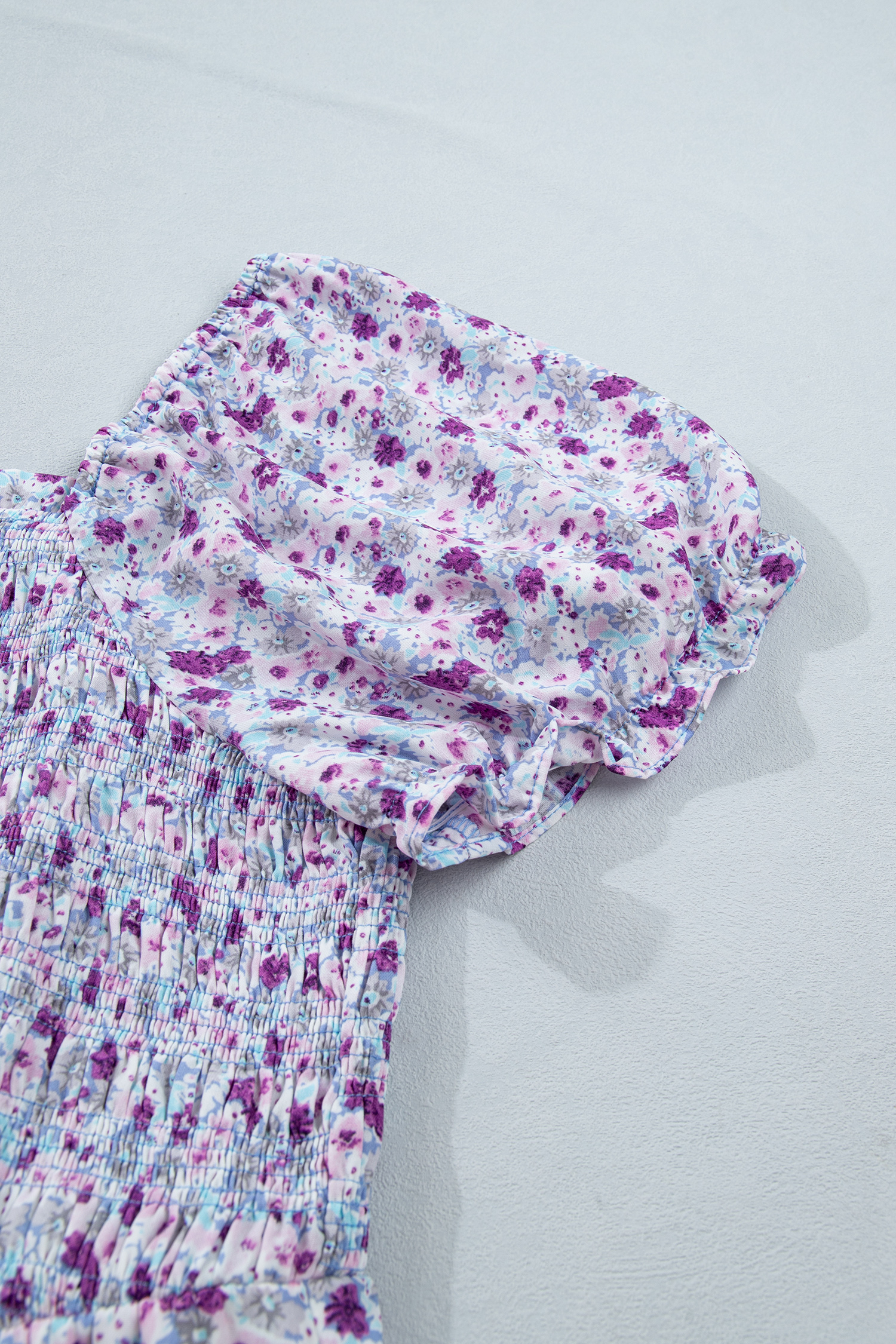 Plus Size Purple  Floral Print Square Neck Smocked Maxi Dress