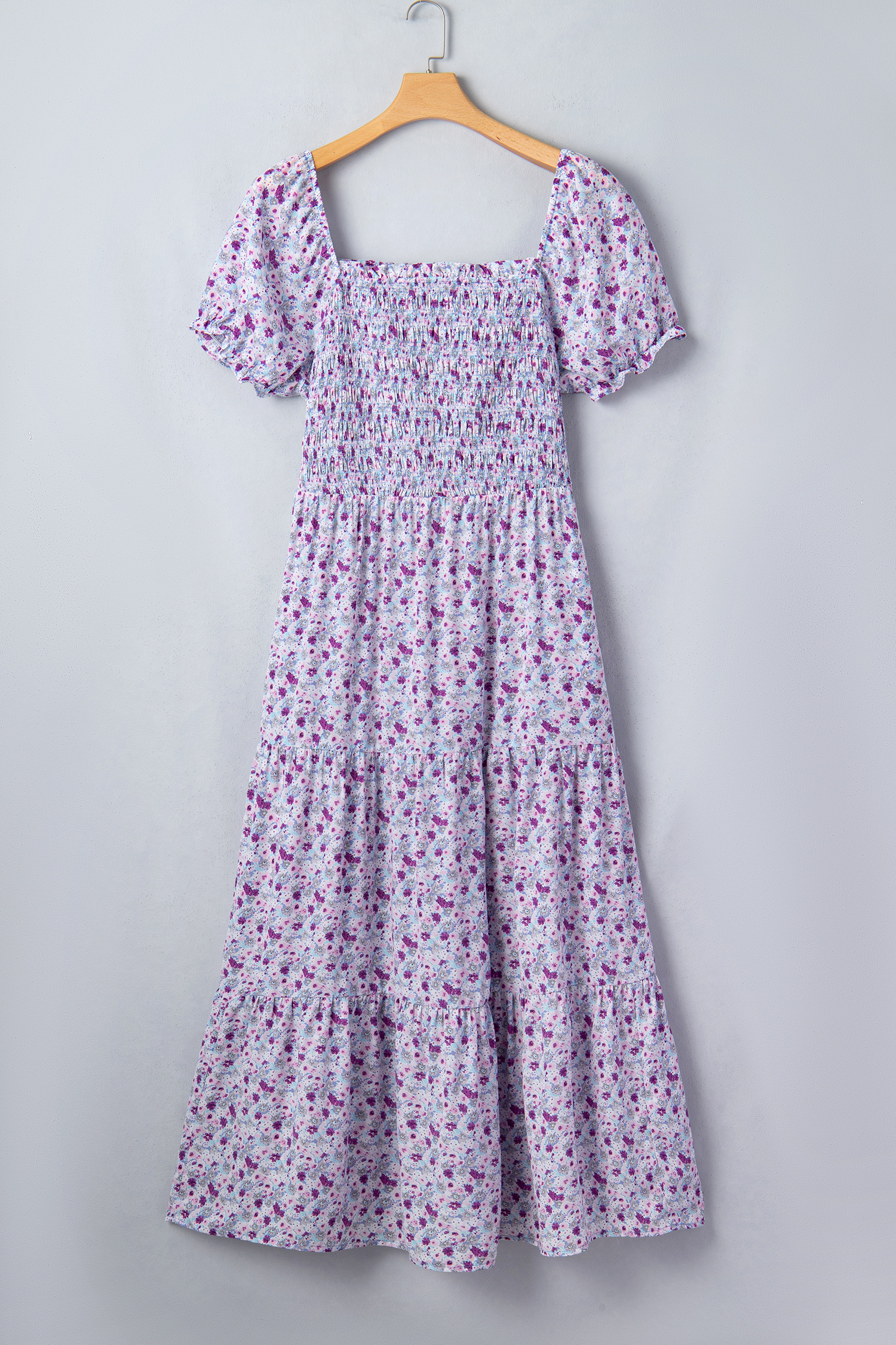 Plus Size Purple  Floral Print Square Neck Smocked Maxi Dress