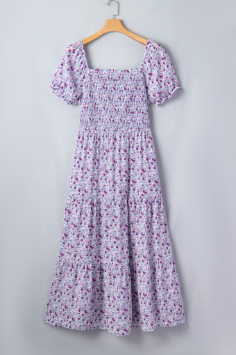 Plus Size Purple  Floral Print Square Neck Smocked Maxi Dress