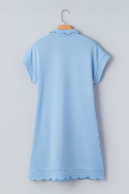 Plus Size Beau Blue  Solid Scalloped Hem Button Neck Pullover Mini Dress