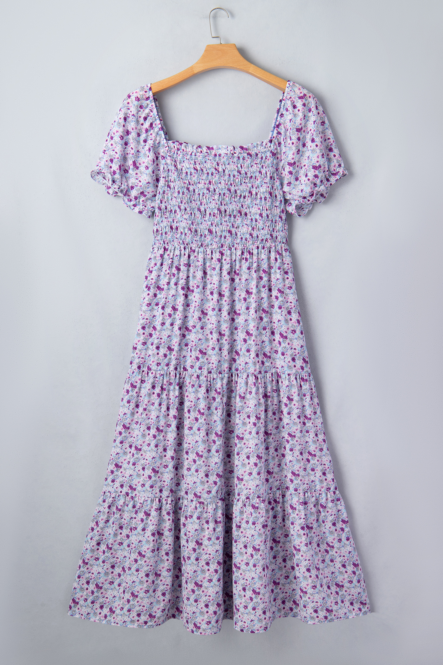 Plus Size Purple  Floral Print Square Neck Smocked Maxi Dress