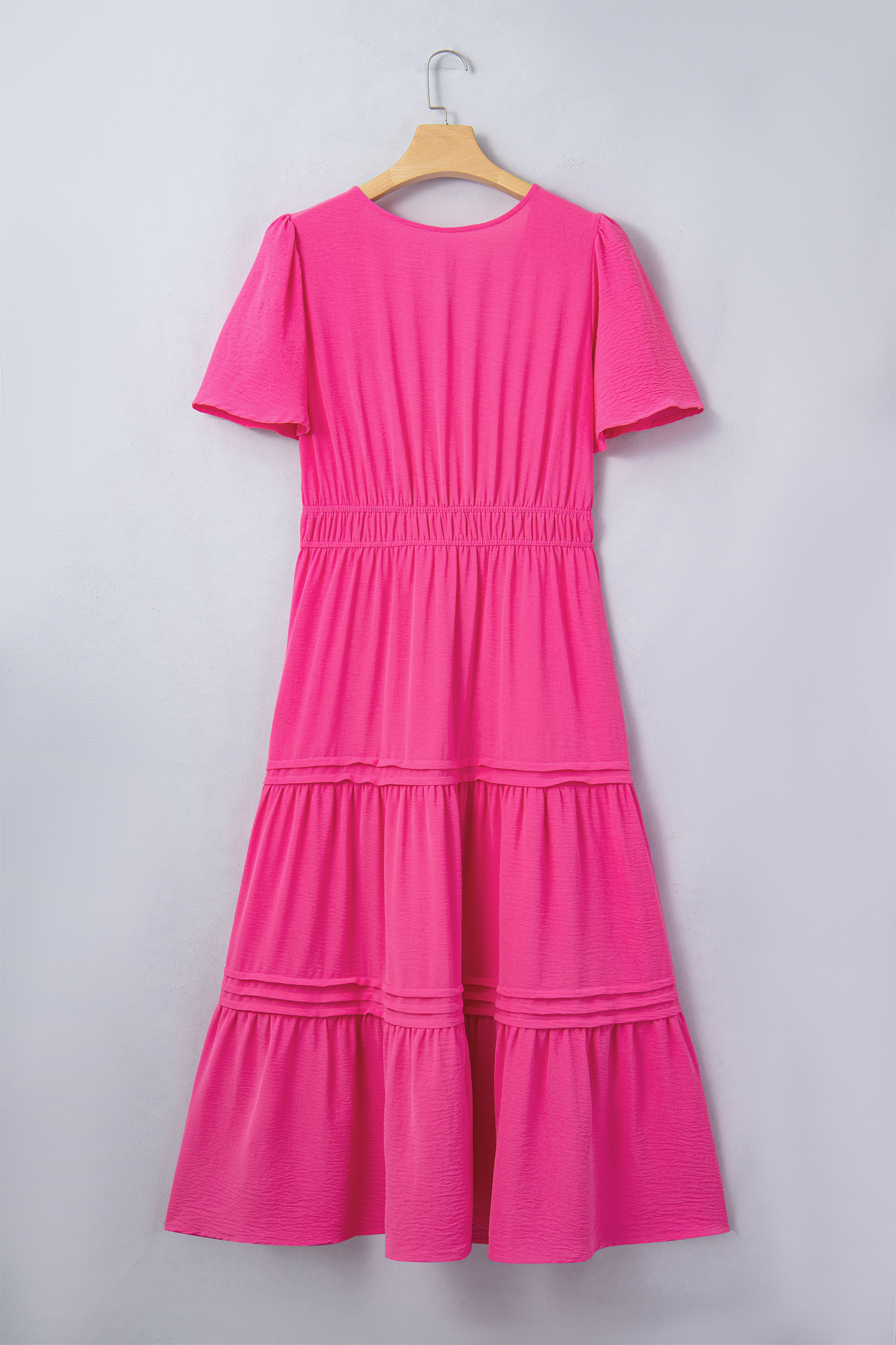 Plus Size Pink  Split Neck Short Sleeve Flare Tiered Maxi Dress