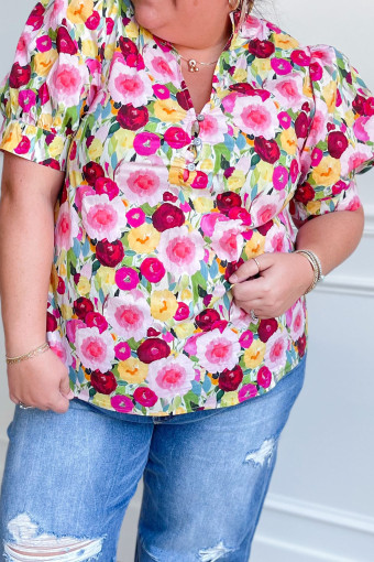Plus Size Pink  Flower Print Split V Neck Puff Short Sleeve Top
