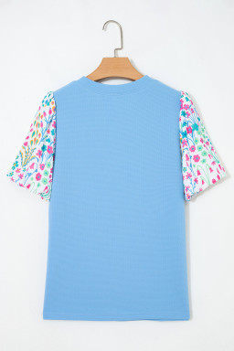 Plus Size Light Blue Textured Bodice Contrast Floral Sleeve  Top