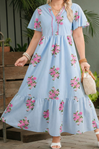 Plus Size Sky Blue  Floral Print Scalloped Trim V-Neck Dress