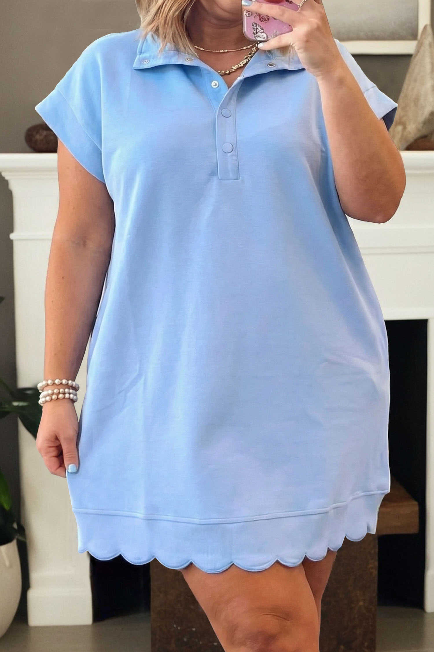Plus Size Beau Blue  Solid Scalloped Hem Button Neck Pullover Mini Dress
