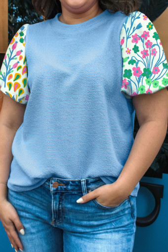 Plus Size Light Blue Textured Bodice Contrast Floral Sleeve  Top