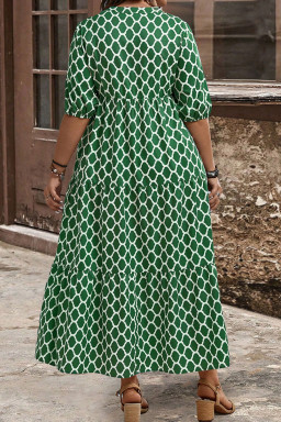 Plus Size Green  Geometric Print Pocketed Ruffle Hem Casual Dress