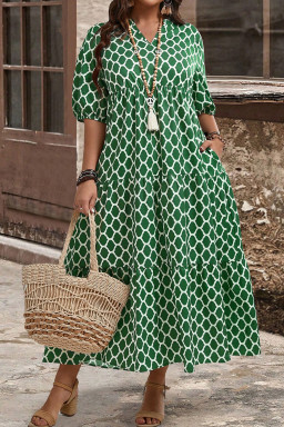 Plus Size Green  Geometric Print Pocketed Ruffle Hem Casual Dress