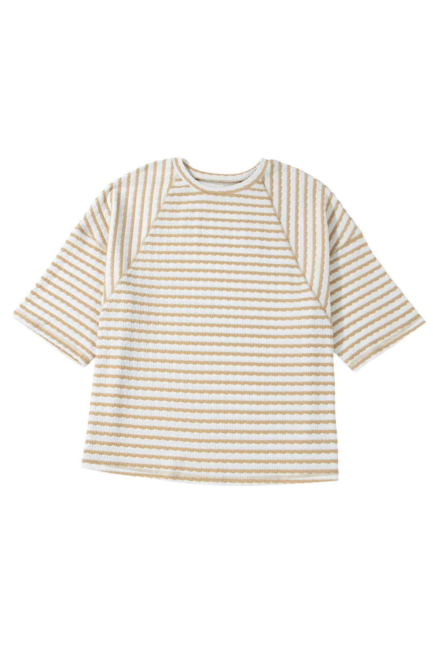 Plus Size Apricot Stripe  Textured Patchwork Detail Half Sleeve Top