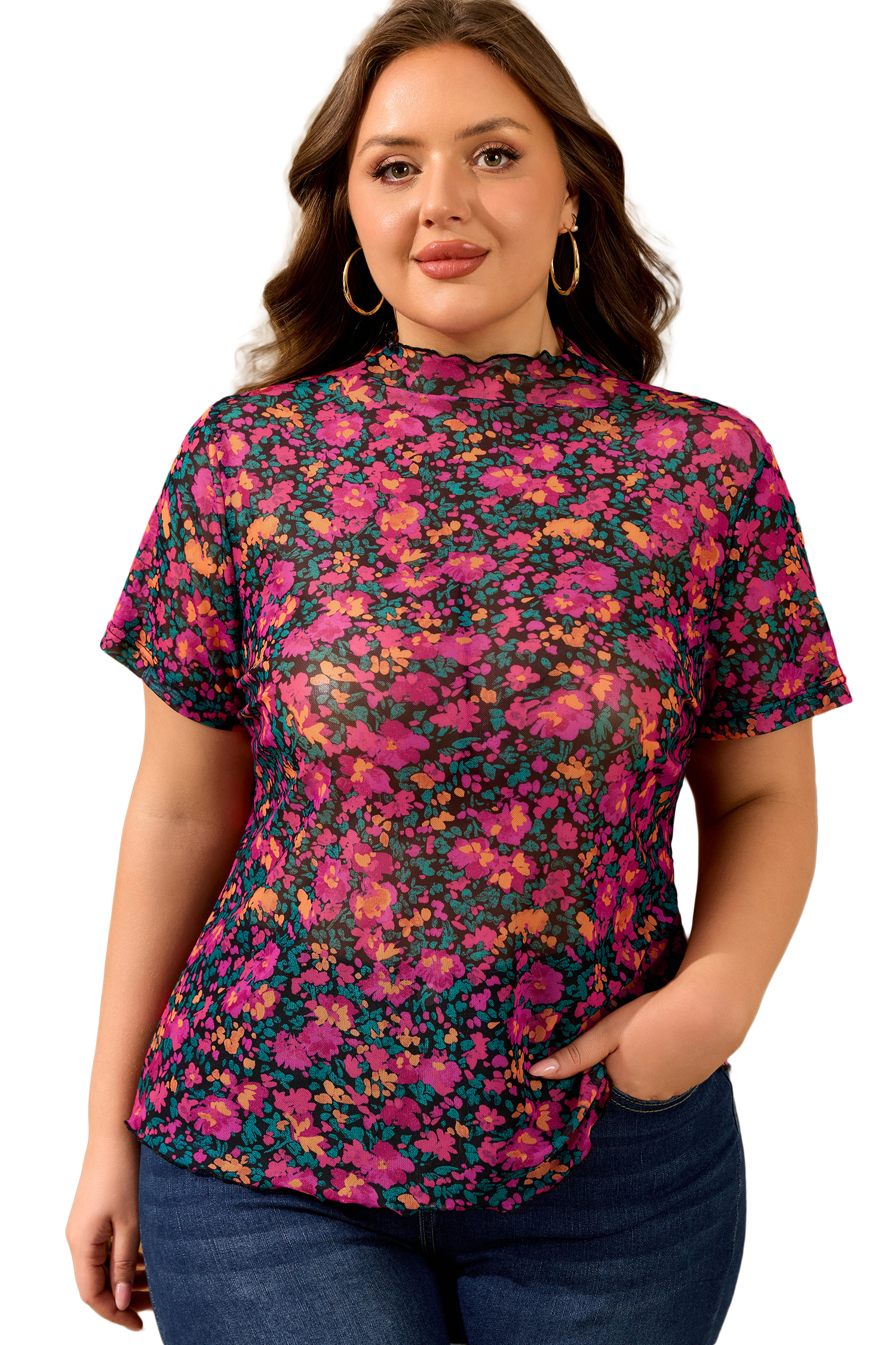 Plus Size Rose  Floral Mesh Short Sleeve Top