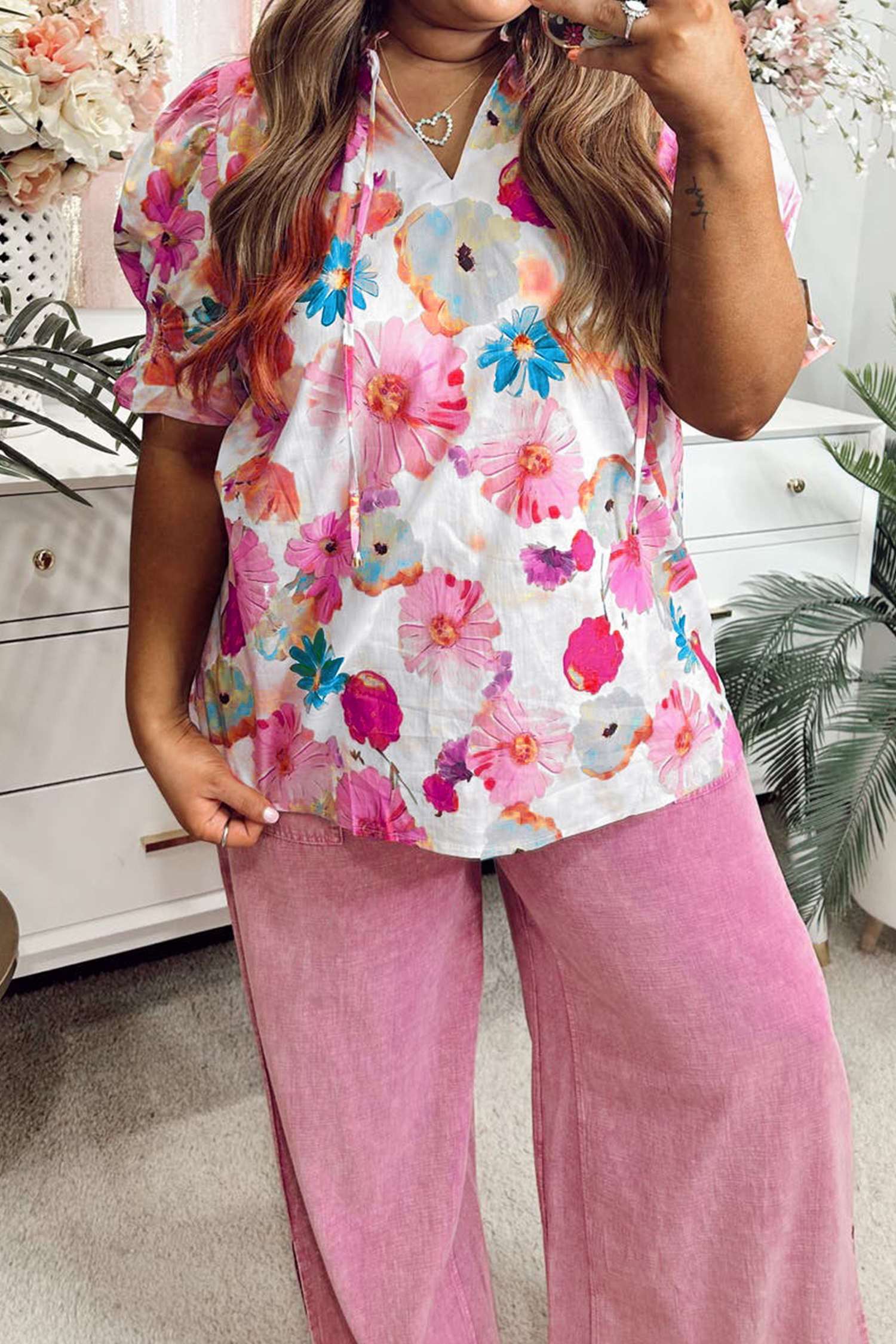 Plus Size Pink  Floral Print Ruched Short Sleeve Blouse