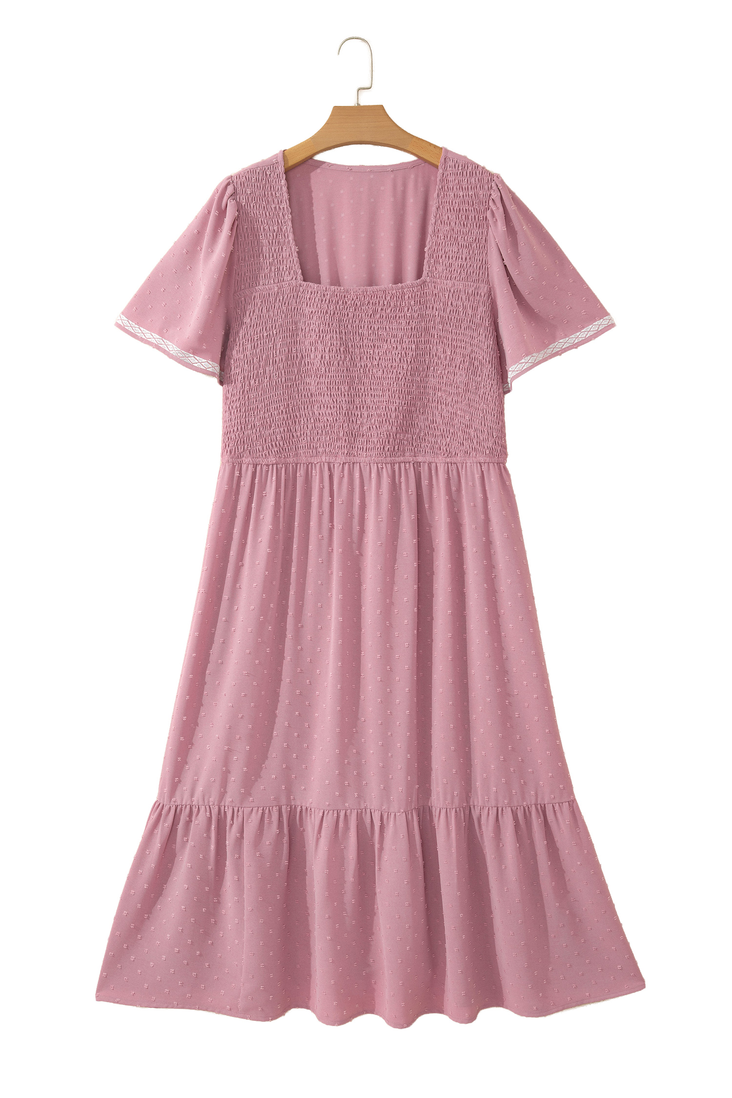 Plus Size Pink  Swiss Dot Short Sleeve Smocked High Waist Flowy Midi Dress
