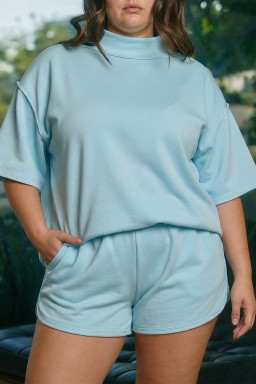 Plus Size Mist Blue Solid Color Mock Neck Half Sleeve Top  2pcs Short Set